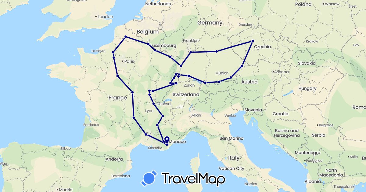 TravelMap itinerary: driving in Czech Republic, Germany, France (Europe)